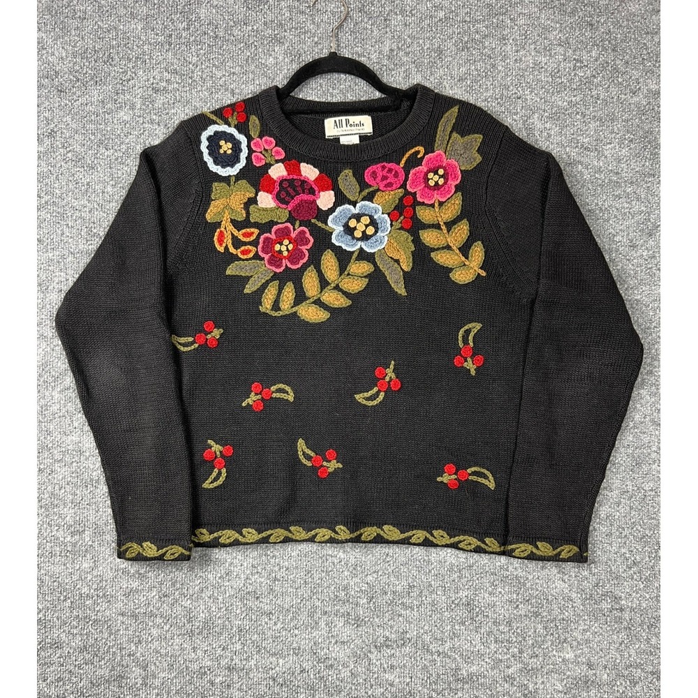 All‎ Points Womens Sweater Sz M Floral Embroidered Black Knit Pullover Vintage